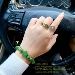 Bộ sản phẩm vòng Ngọc bích charm hoa mai, bi vàng 24k và nhẫn ngọc kim tiền kép, vàng 18k