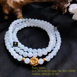 Vòng chuỗi Phỉ thuý băng ngọc 108 hạt, mix charm vàng hoa sen 24k