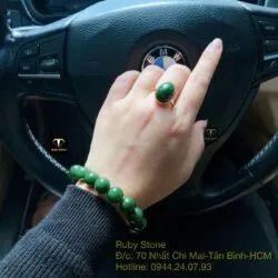 Bộ vòng chuỗi Ngọc bích 12 ly và nhẫn Oval, vàng 18k