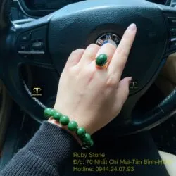 Bộ vòng chuỗi Ngọc bích 12 ly và nhẫn Oval, vàng 18k - Ảnh 5