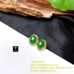 Khuyên tai Oval ngọc bích xanh lá, vàng 18k