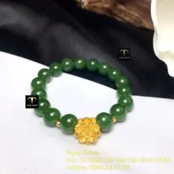 Vòng Ngọc bích xanh lá, mix charm Hoa sen vàng 24k - Hình ảnh 4