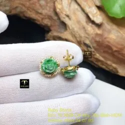 Khuyên tai hoa mẫu đơn ngọc Cẩm thạch xanh lý táo, vàng 18k - Hình ảnh 2