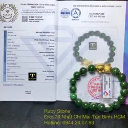 Vòng tay Ngọc bích xanh lý 10 ly, mix charm vàng con cá 24k - Hình ảnh 5
