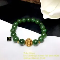 Vòng Ngọc bích xanh lý 10 ly, mix charm Đồng tiền vàng 24k - Hình ảnh 3