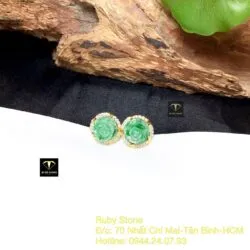Khuyên tai hoa mẫu đơn ngọc Cẩm thạch xanh lý táo, vàng 18k - Hình ảnh 5