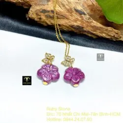 Mặt dây chuyền hoa mai Ruby Nam Phi, móc bướm vàng 18k - Ảnh 6