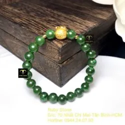 Vòng tay ngọc bích xanh lý 8 ly, mix charm vàng túi tiền 24k - Hình ảnh 2