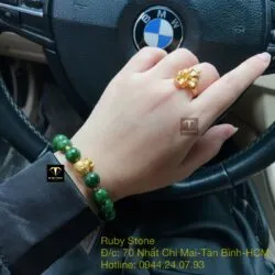 Vòng Ngọc bích xanh lá 10 ly, mix charm Túi tiền vàng 24k - Hình ảnh 5