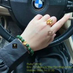Vòng tay Ngọc bích 8 ly, mix charm Hoa mai vàng 24k