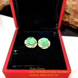 Khuyên tai hoa mẫu đơn ngọc Cẩm thạch xanh lý táo, vàng 18k - Hình ảnh 7