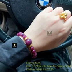 Vòng Ruby Nam Phi 9,2 ly, mix trái châu mài giác và bánh xe vàng 24k