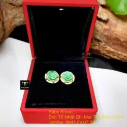Khuyên tai hoa mẫu đơn ngọc Cẩm thạch xanh lý táo, vàng 18k - Hình ảnh 8