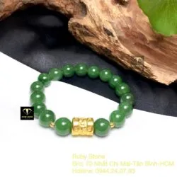 Vòng tay Ngọc bích 10 ly, mix Lu khắc chú "Om" vàng 24k - Ảnh 2