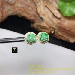 Khuyên tai hoa mẫu đơn ngọc Cẩm thạch xanh lý táo, vàng 18k - Hình ảnh 4