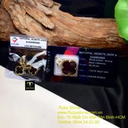 Mặt dây và Khuyên tai cỏ bốn cánh ngọc Phỉ Thúy Mực Dục, vàng 18k (kim cương thiên nhiên) - Hình ảnh 2