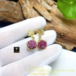Khuyên tai hoa mẫu đơn Ruby Nam Phi, vàng 18k - Hình ảnh 5