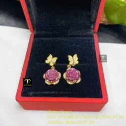 Khuyên tai hoa mẫu đơn Ruby Nam Phi, vàng 18k - Hình ảnh 3
