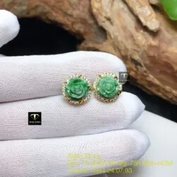 Khuyên tai hoa mẫu đơn ngọc Cẩm thạch xanh lý táo, vàng 18k - Hình ảnh 3