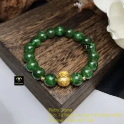 Vòng Ngọc bích xanh lá 10 ly, mix charm Túi tiền vàng 24k - Hình ảnh 3