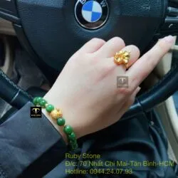 Vòng tay ngọc bích xanh lý 8 ly, mix charm vàng túi tiền 24k - Hình ảnh 7