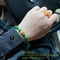 Vòng tay ngọc bích xanh lý 8 ly, mix charm vàng túi tiền 24k - Hình ảnh 5