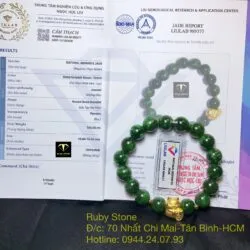 Vòng tay Ngọc bích xanh lý 10 ly, mix charm mèo Thần tài vàng 24k - Hình ảnh 5