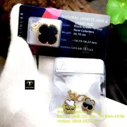 Mặt dây và Khuyên tai cỏ bốn cánh ngọc Phỉ Thúy Mực Dục, vàng 18k (kim cương thiên nhiên) - Hình ảnh 3