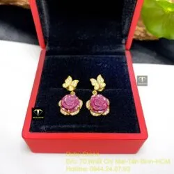 Khuyên tai hoa mẫu đơn Ruby Nam Phi, vàng 18k