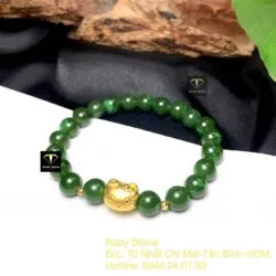 Vòng tay Ngọc bích xanh lý 8 ly, mix charm Hello Kitty vàng 24k - Hình ảnh 4