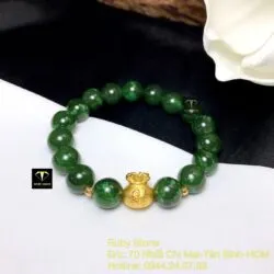 Vòng Ngọc bích xanh lá 10 ly, mix charm Túi tiền vàng 24k - Hình ảnh 2