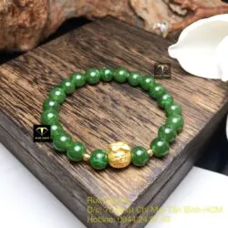 Vòng tay ngọc bích xanh lý 8 ly, mix charm vàng túi tiền 24k - Hình ảnh 3