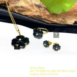 Bộ trang sức cỏ bốn cánh ngọc Phỉ Thúy Mực Dục, vàng 18k