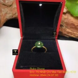 Nhẫn đồng điếu Ngọc bích xanh đậm, đai xoắn, vàng 18k - Ảnh 3
