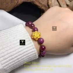 Vòng tay Ruby Nam Phi mix charm hoa sen vàng 24k - Ảnh 2