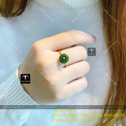 Nhẫn đồng điếu Ngọc bích xanh đậm, đai xoắn, vàng 18k