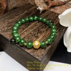 Vòng tay Ngọc bích xanh lý 8 ly, mix bi vàng 24k - Hình ảnh 2