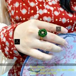 Nhẫn hoa mẫu đơn Ngọc bích xanh đậm, vàng 18k - Ảnh 8