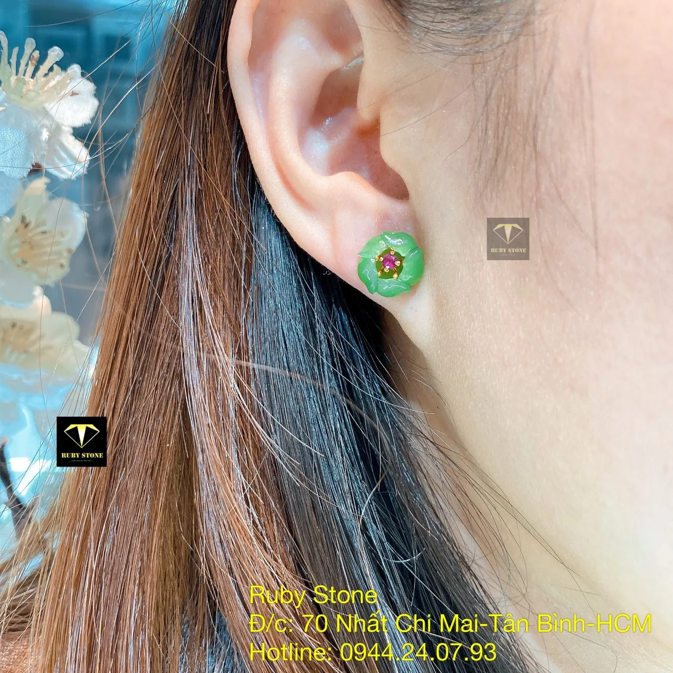 Khuyên tai hoa mẫu đơn Ngọc bích, vàng 18k Khuyên tai hoa mẫu đơn Ngọc bích, vàng 18k - Ảnh 8