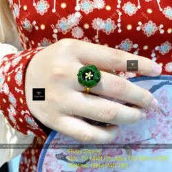Nhẫn hoa mẫu đơn Ngọc bích xanh đậm, vàng 18k - Ảnh 7
