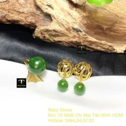 Khuyên tai trái châu Ngọc bích, vàng 18k - Hình ảnh 5