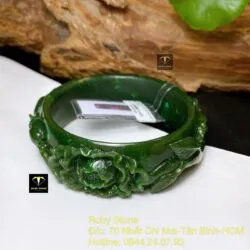 Vòng ngọc bích chạm hoa mẫu đơn, bản 22mm - Ảnh 4