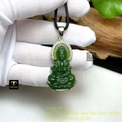 Phật Bà Quan Âm ngọc bích Canada xanh đậm bọc bạc, KT 39mm - Ảnh 6
