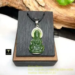 Phật Bà Quan Âm ngọc bích Canada xanh đậm bọc bạc, KT 39mm