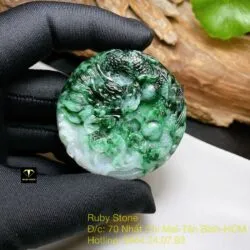Ngọc bội rồng ngọc Cẩm Thạch sơn thuỷ xanh lý táo, kích thước 52mm