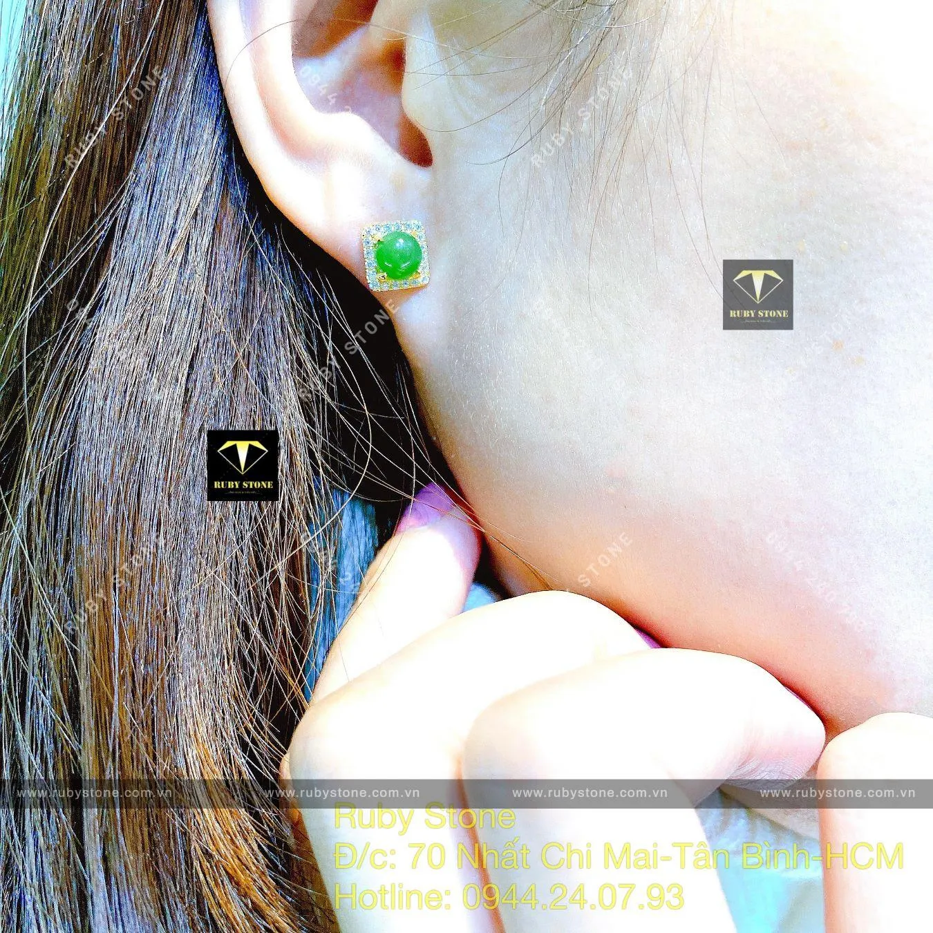 Khuyên tai Ngọc bích tròn, ổ tấm vuông, vàng 18k Khuyên tai Ngọc bích tròn, ổ tấm vuông, vàng 18k - Ảnh 7