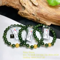 Vòng chuỗi Ngọc bích xanh đậm, mix charm vàng 24k
