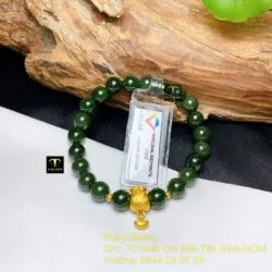 Vòng chuỗi ngọc bích 8 ly xanh đậm, mix charm túi tiền vàng 24k - Hình ảnh 5