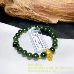 Vòng chuỗi ngọc bích 8 ly xanh đậm, mix charm túi tiền vàng 24k - Hình ảnh 3
