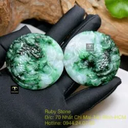 Cặp ngọc bội cá chép hoá rồng ngọc Cẩm Thạch sơn thuỷ, kích thước 51mm